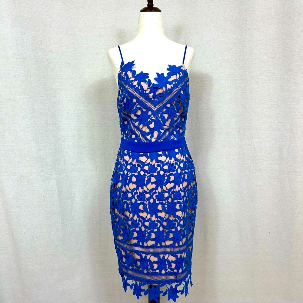 Adelyn Rae Blue Tan Spaghetti Strap Sheath Midi Dress